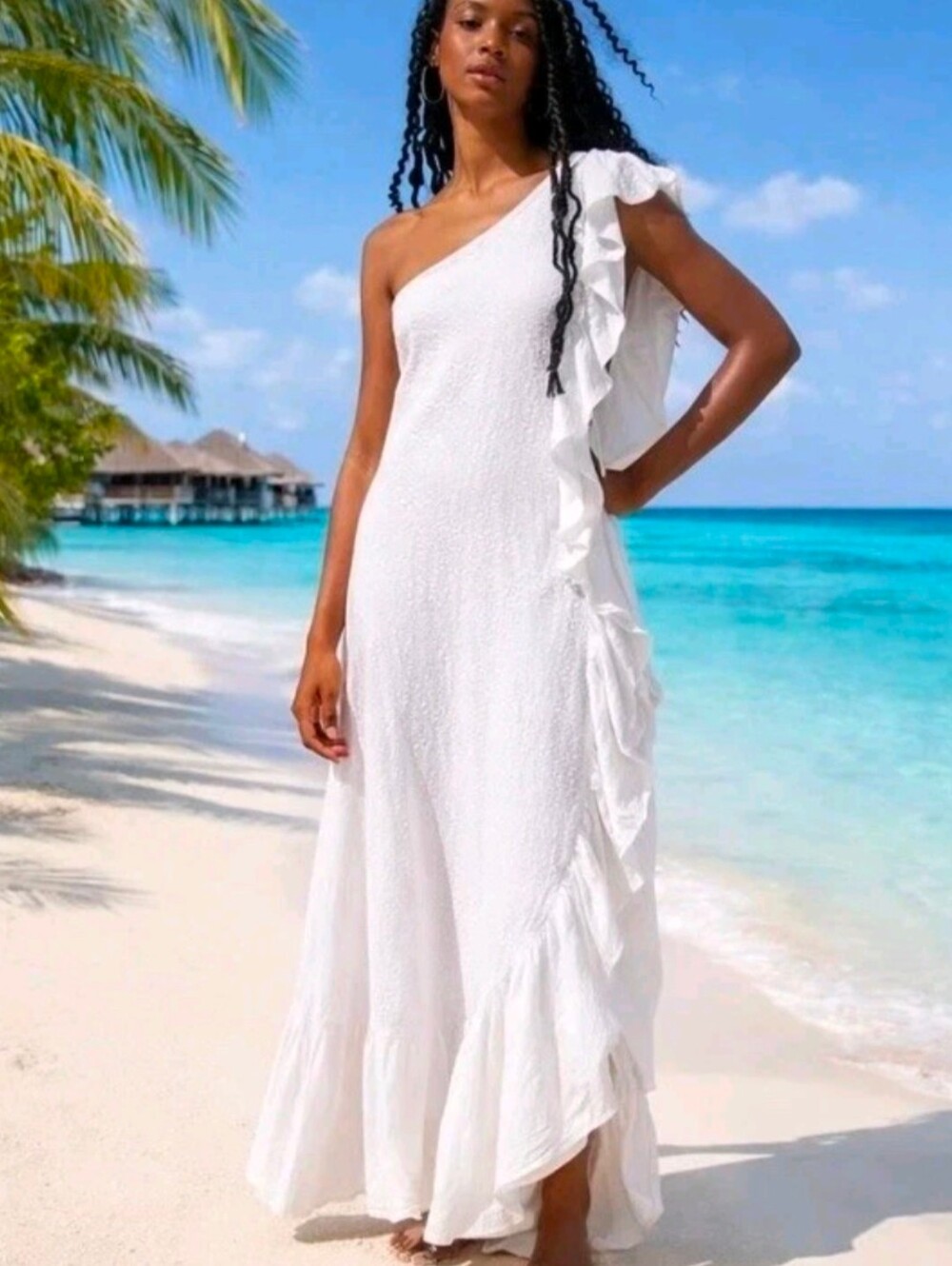 Free People Beach Elisa One-Shoulder Ruffle Maxi Dress in Ivory - Size S